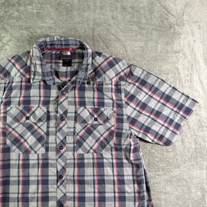 The North Face Mens Plaid Short Sleeve Snap Button Up Shirt M Medium Blue Red